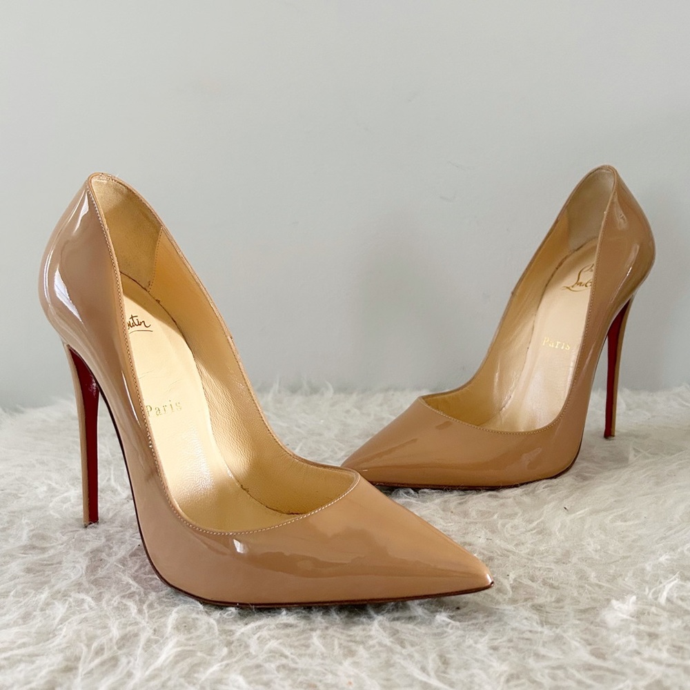 Christian Louboutin So Kate Tan Nude Patent Leather Pointed Toe Heels Size EU 39 - Picture 2 of 13